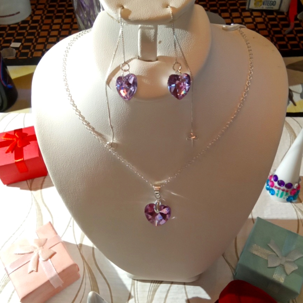 Love😍 purpheart-shaped crystals Necklace&Earring set .925 solid sterling silver